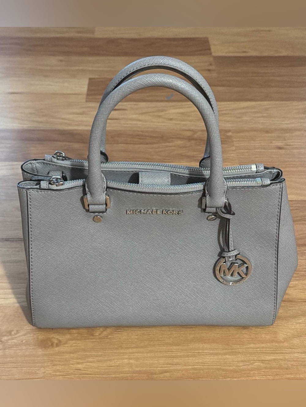 Michael Kors Light Gray Saffiano Leather Satchel with MK Charm